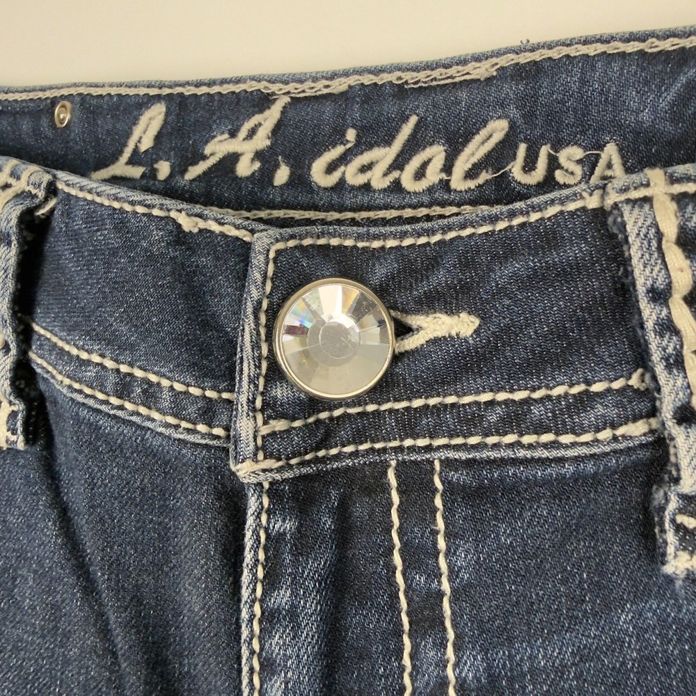 Y2K L.A. Idol USA Jeans Size 11 W33 L31.5 Rhinestone Fleur De Lis Bling Denim - Picture 6 of 14